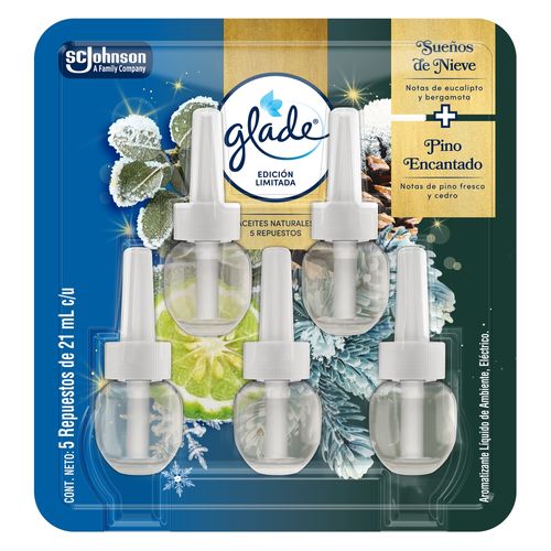 Aromatizante Glade Aceites Naturales Pino Encantado y Sueños de Nieve 5  Repuestos- 105 ml