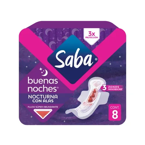 Toallas Femeninas Saba Buenas Noches Flujo Súper Abundante Con Alas -8 uds