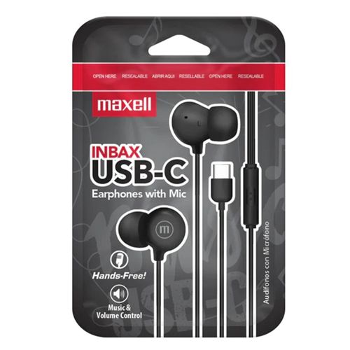 Audífonos alámbricos Maxell INBAX con micrófono y conector USB-C