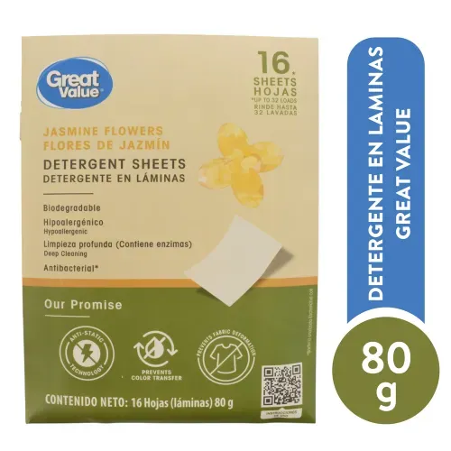 Detergente en láminas Great Value - 16 hojas