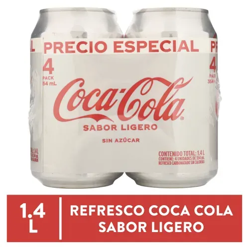Refresco gaseoso Coca- Cola sabor ligero 4 pack - 1416 ml