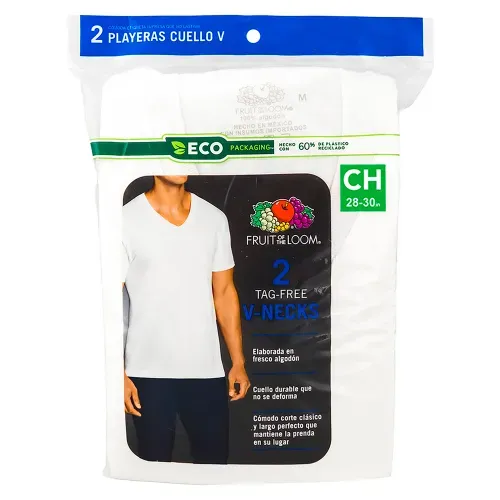 Camiseta Blanca Fruit Of The Loon, Caballero Cuello V 2 Pack Talla S