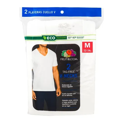 Camiseta Marca Fruit Of The Loom Blanco Cuello V Color Blanco 2 Pack Talla M