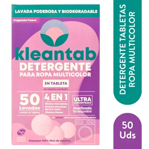 Detergente de Ropa Kleantab Multicolor 4 en 1 Biodegradable en Tableta - 50 Uds