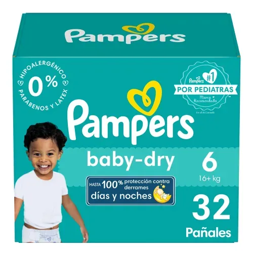 Pañales Pampers Baby-Dry Talla 6 Protección Contra Derrames - 32 Uds