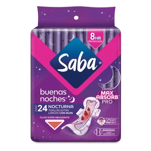 Toallas Femeninas Saba Buenas Noches con alas flujo súper abundante - 24 piezas