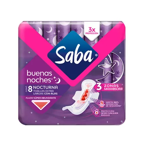 Toallas Femeninas Saba Buenas Noches con alas flujo súper abundante - 8 piezas