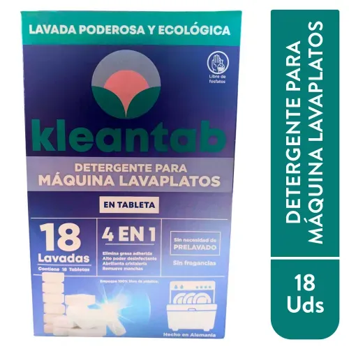 Detergente Máquina Lavaplatos Kleantab 4 en 1 Desengrasante en Tableta - 18 Uds
