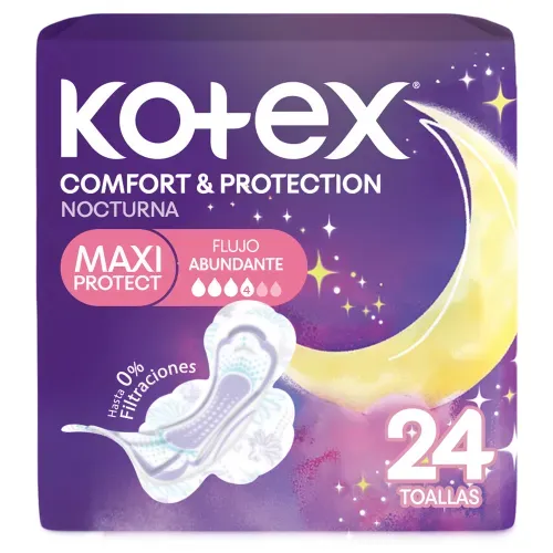 Toallas Femeninas Kotex Nocturna Maxi Comfort & Protección - 24 Unidades