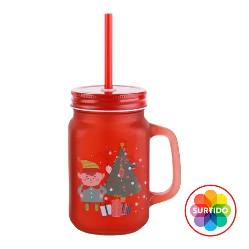 Jarra Holiday Time de vidrio con tapa y pajilla surtida Navidad