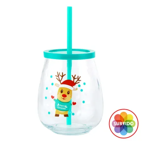 Vaso Holiday Time vidrio con tapa y pajilla diseño Navidad
