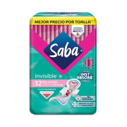 Toallas Femeninas Saba Invisible Día delgada con alas flujo abundante - 32 piezas