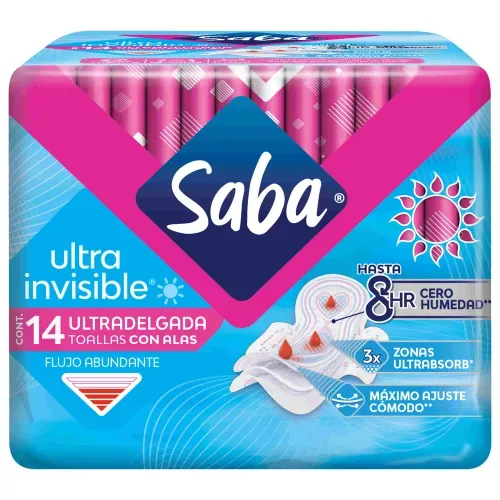 Toallas Femeninas Saba Ultra Invisible Día con alas Flujo abundante - 14 piezas