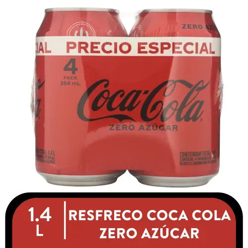 Refresco Gaseoso Coca- Cola Zero Azúcar Lata 4 pack - 354ml