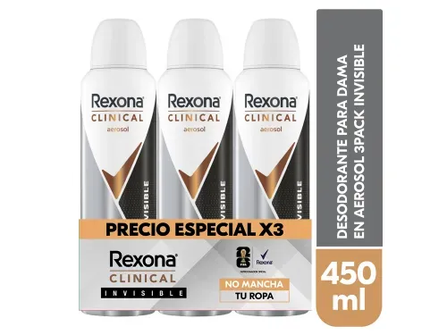 Desodorante Rexona en aerosol dama clinical Invisible 3 pack - 450 ml