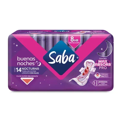 Toallas Femeninas Saba Buenas Noches con alas flujo súper abundante - 14 piezas