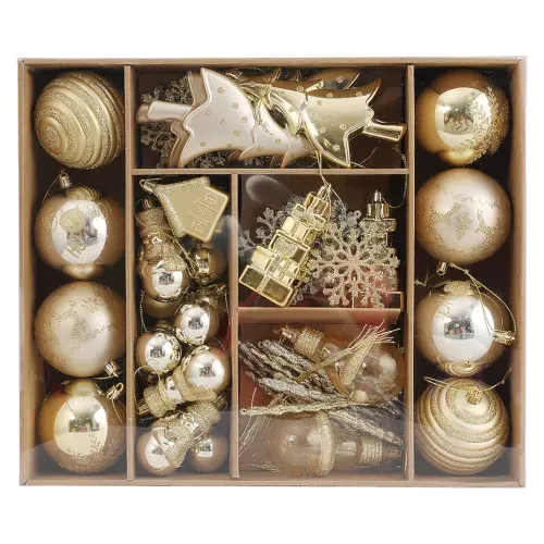 Adornos Holiday Time de dorados variados para árbol de Navidad - 70 Pzas