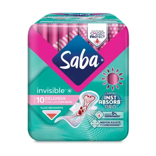 Toallas Femeninas Saba Invisibles Día con alas flujo abundante - 10 piezas​
