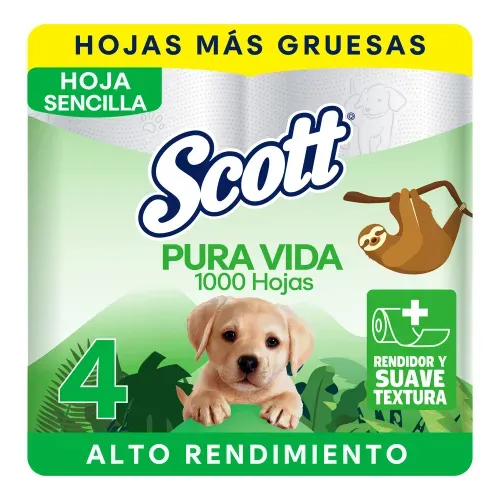 Papel Higiénico Scott Pura Vida 1000 Hojas - 4 Rollos.