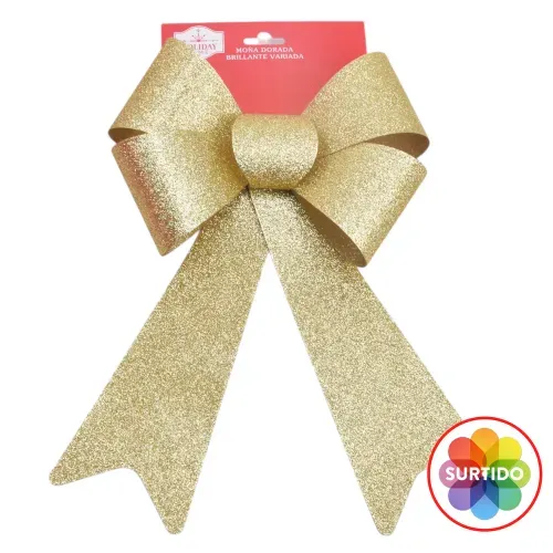 Moño Holiday Time dorado brillante para decoración de Navidad