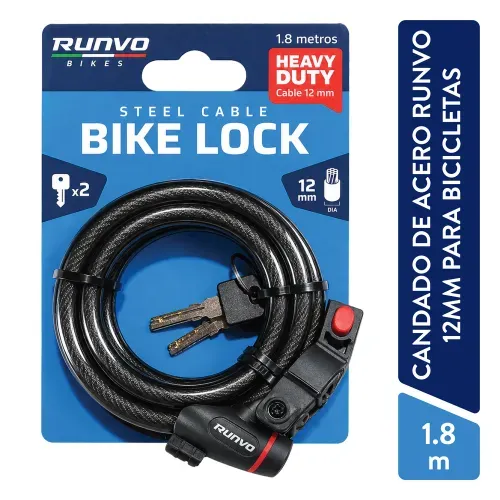 Candado de acero Runvo 12mm para Bicibletas 1.8 m