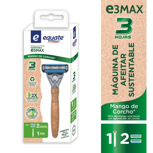 Máquina De Afeitar Equate Sustentable E3 Max Mango De Corcho + 2 Cartuchos