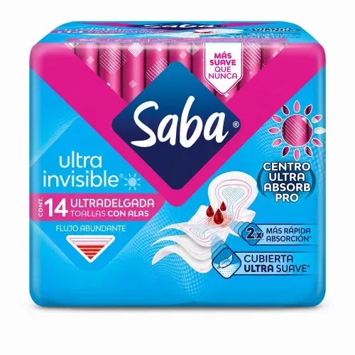Toallas Femeninas Saba Ultra Invisible Día con alas Flujo abundante - 14 piezas
