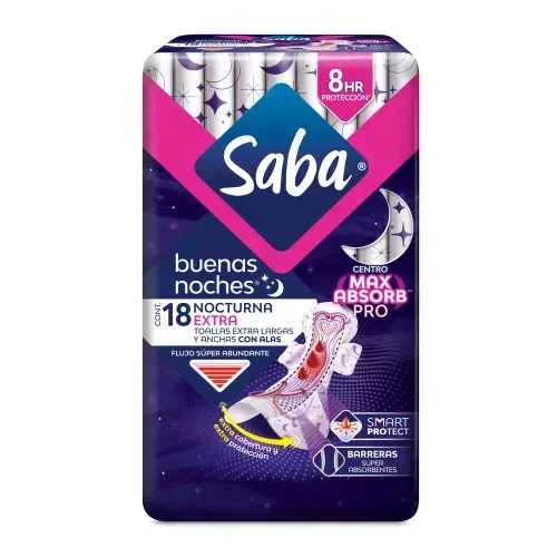 Toallas femeninas Saba nocturna extra largas con alas - 18 Uds