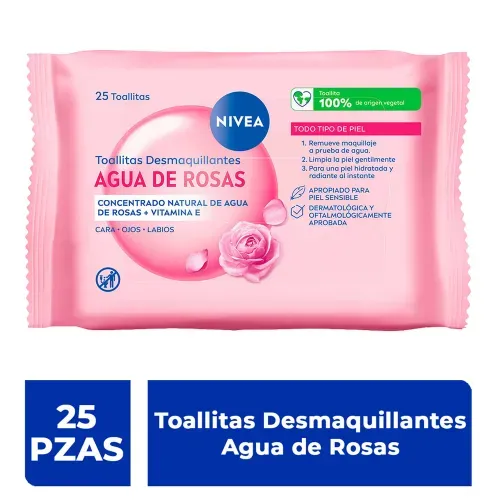 Toallas Desmaquillante Micelares Nivea Agua De Rosas, Cara, Ojos Y Labios - 25Uds