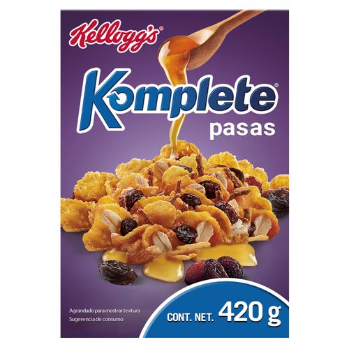 Cereal Kellogg's® Komplete® Pasas - Cereal de Maíz, Avena, Arroz, Salvado de Trigro, Uvas Pasas y Miel - 1 Caja de 420gr