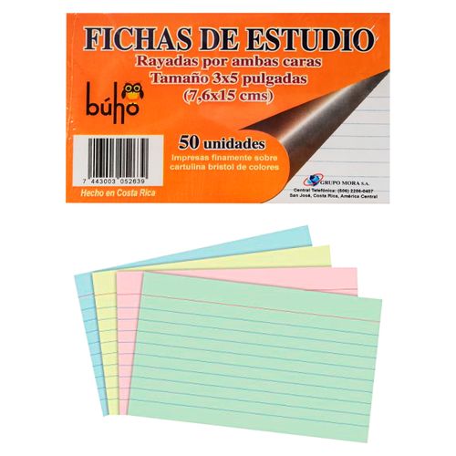 Ficha Buho N1 Colores 3X5 Rayada - 50 Unidades