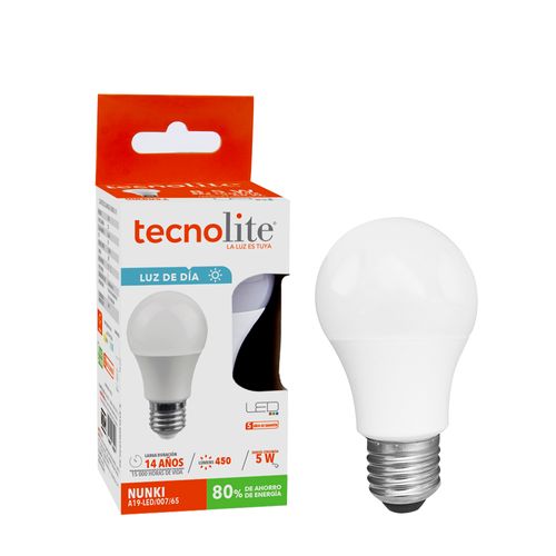Bombillo Tecnolite LED A19 5W100-240V6500KE27450LM
