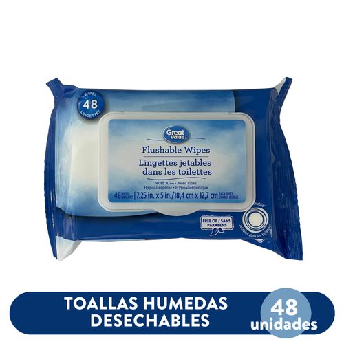 Toallas Desechables Flushables Húmedas Great Value, Hipoalergénica Con Aloe - 48Uds