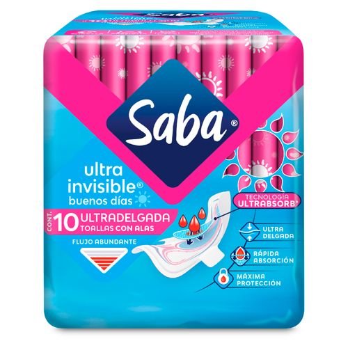 Toallas Femeninas Saba Ultra Invisible Ultradelgada Flujo Abundante Con Alas - 10 uds