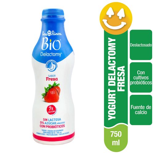 Yogurt Dos Pinos Bio Delactomy Sabor Fresa, Sin lactosa. 0% Azúcar Añadido Y Con Probióticos- 750ml