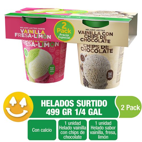 Helado Dos Pinos Combinado Vainilla Con Chips De Chocolate Y Vainilla, Fresa Y Limón 2 Pack - 499g