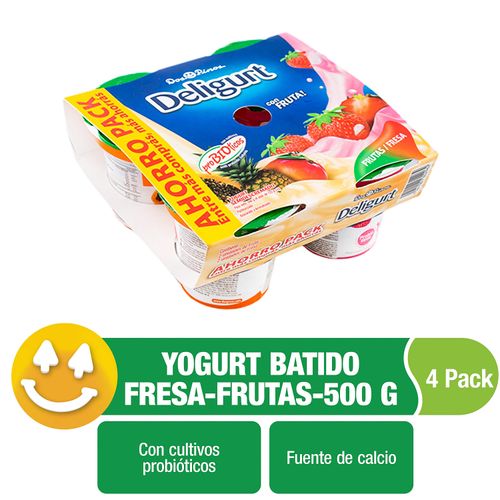 Yogurt Dos Pinos Deligurt Frutas Fresa, Semidescremado Con Probióticos 4 Pack - 500g