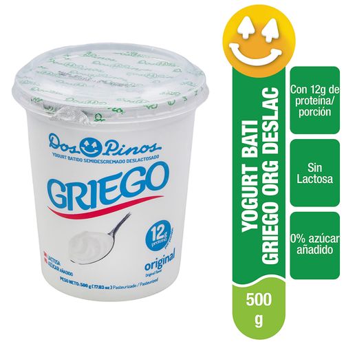 Yogurt Dos Pinos Griego Original, Sin Lactosa, 0% Azúcar Añadido - 500g