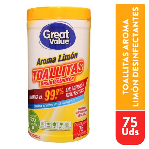 Toalla Desinfectante Great Value Aroma Limón 75 Uds