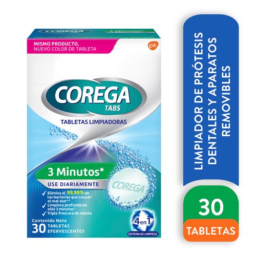 Limpiador Efervescente Corega Tabs, De Prótesis Dentales Y Aparatos Removibles, Caja 30 Tabletas