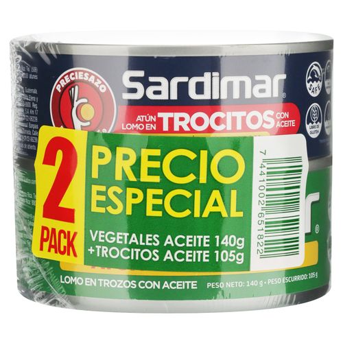 Atúnes Sardimar vegetales en aceite + trocitos en aceite 2 pack- 245 g