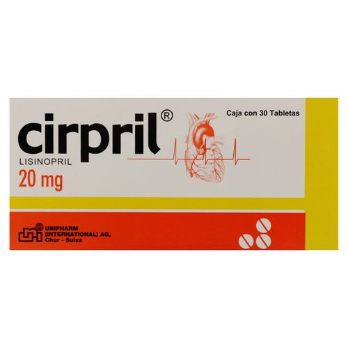 Cipril Unipharm 20 mg caja 30 tabletas - Precio indicado por tableta