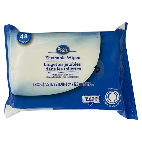 Toallas Desechables Flushables Húmedas Great Value, Hipoalergénica Con Aloe - 96Uds