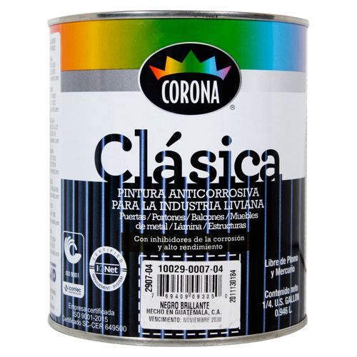 Pintura Marca Corona Anticorrosivo Clásico Color Negro Brillante -946ml