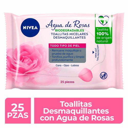 Toallitas Faciales Desmaquillantes Nivea, Micelares Agua De Rosas -25 pzas