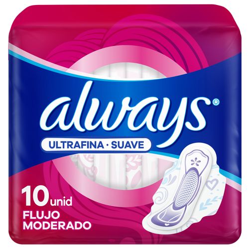 Toallas Femeninas Always, Ultrafina Día Suave -10 Uds