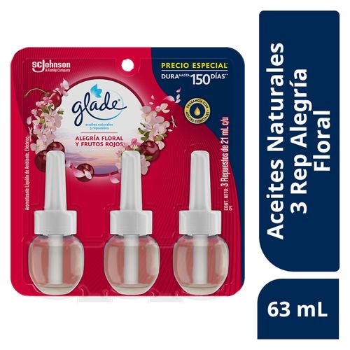 Aromatizante Glade Aceites Naturales Alegría Floral Y Frutos Rojos 3 Repuestos -63ml