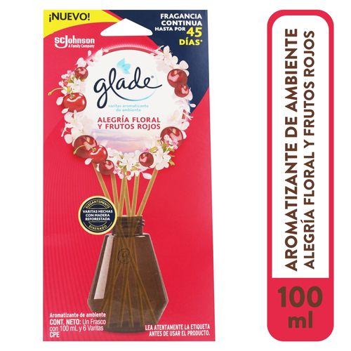 Aromatizante Glade Varitas Alegría Floral y Frutos Rojos Frasco con 100 ml y 6 Varitas