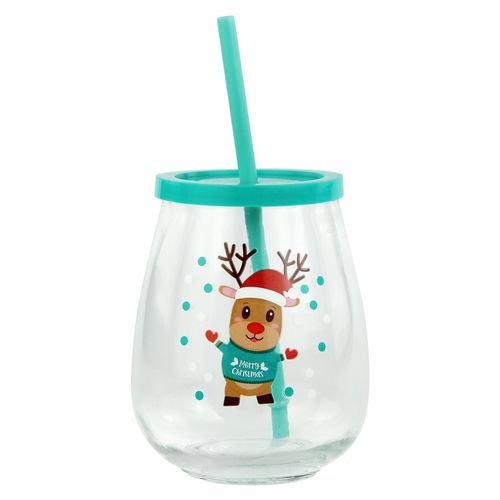 Vaso vidrio Holiday Time con tapa y pajilla Navideño