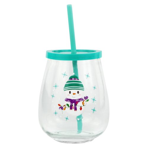 Vaso vidrio Holiday Time con tapa y pajilla Navideño